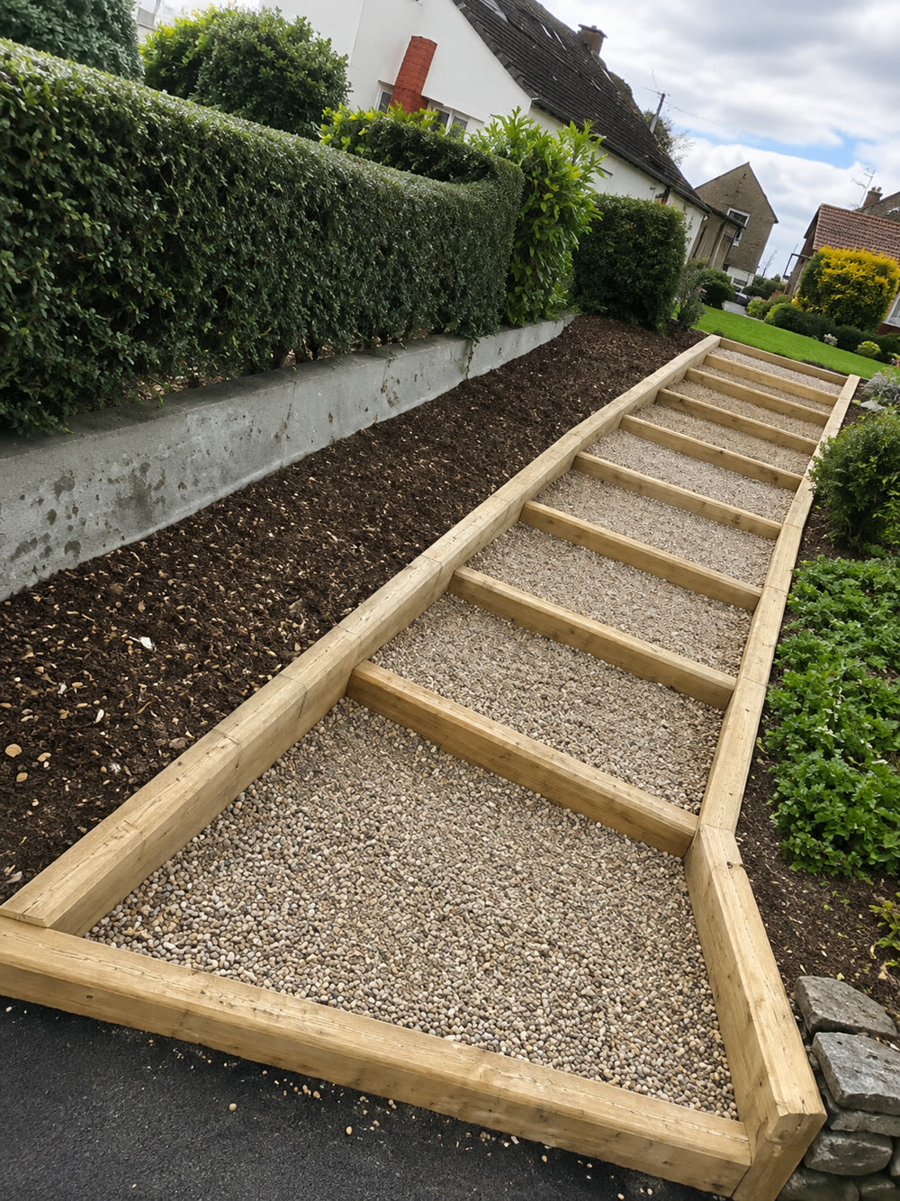 Escalier de jardin terminé, structure bois et marches en gravier, réalisé par Erwan TP